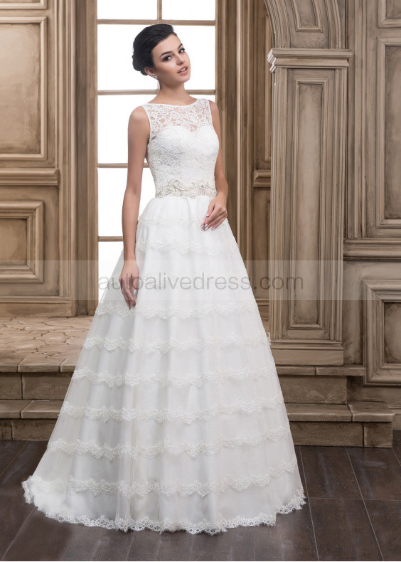 Ivory Lace Tulle Unique Affordable Wedding Dress